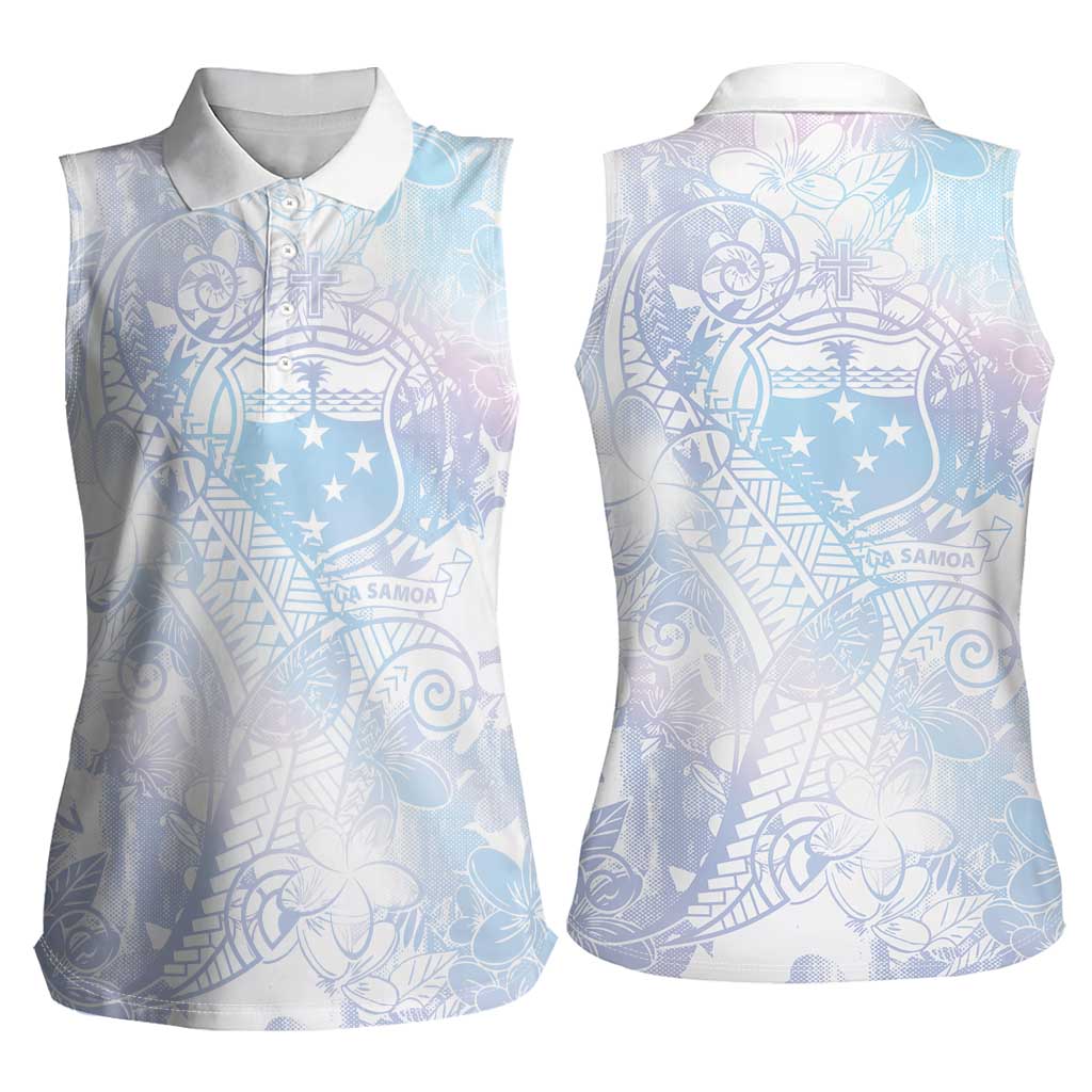 Samoa White Sunday Women Sleeveless Polo Shirt Sweet Pastel Plumeria Floral