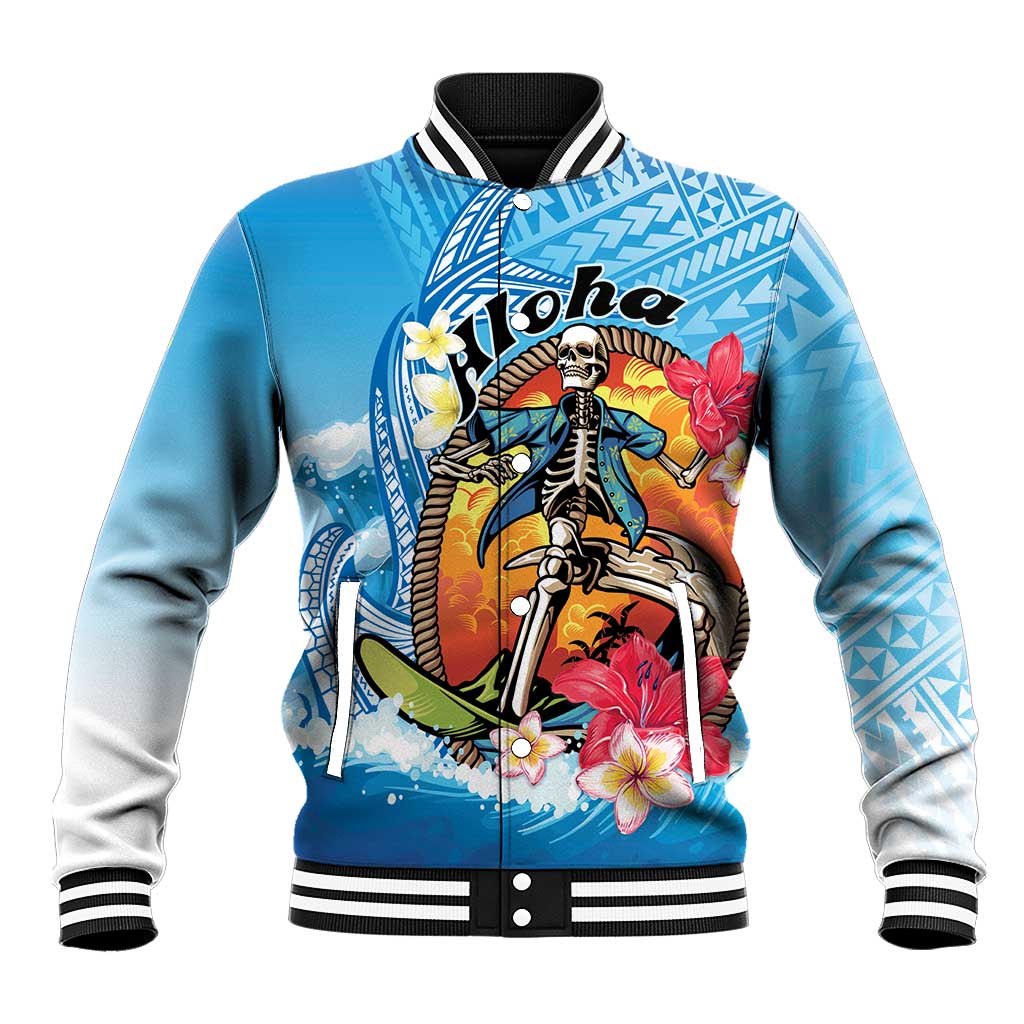 Personalized Aloha Hawaii Skeleton Surfing Baseball Jacket Tribal Shark Plumeria