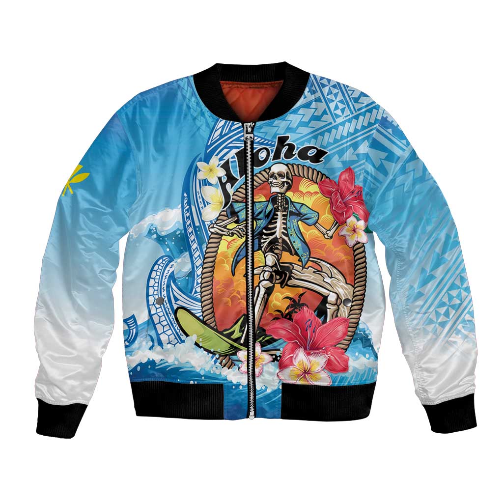 Personalized Aloha Hawaii Skeleton Surfing Bomber Jacket Tribal Shark Plumeria