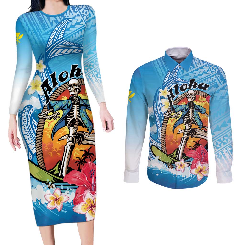 Personalized Aloha Hawaii Skeleton Surfing Couples Matching Long Sleeve Bodycon Dress and Long Sleeve Button Shirt Tribal Shark Plumeria