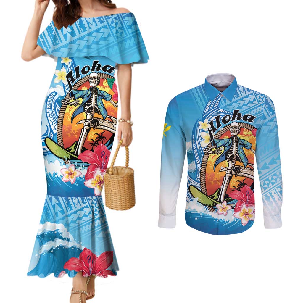 Personalized Aloha Hawaii Skeleton Surfing Couples Matching Mermaid Dress and Long Sleeve Button Shirt Tribal Shark Plumeria