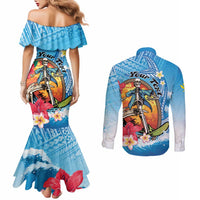 Personalized Aloha Hawaii Skeleton Surfing Couples Matching Mermaid Dress and Long Sleeve Button Shirt Tribal Shark Plumeria