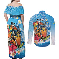 Personalized Aloha Hawaii Skeleton Surfing Couples Matching Off Shoulder Maxi Dress and Long Sleeve Button Shirt Tribal Shark Plumeria