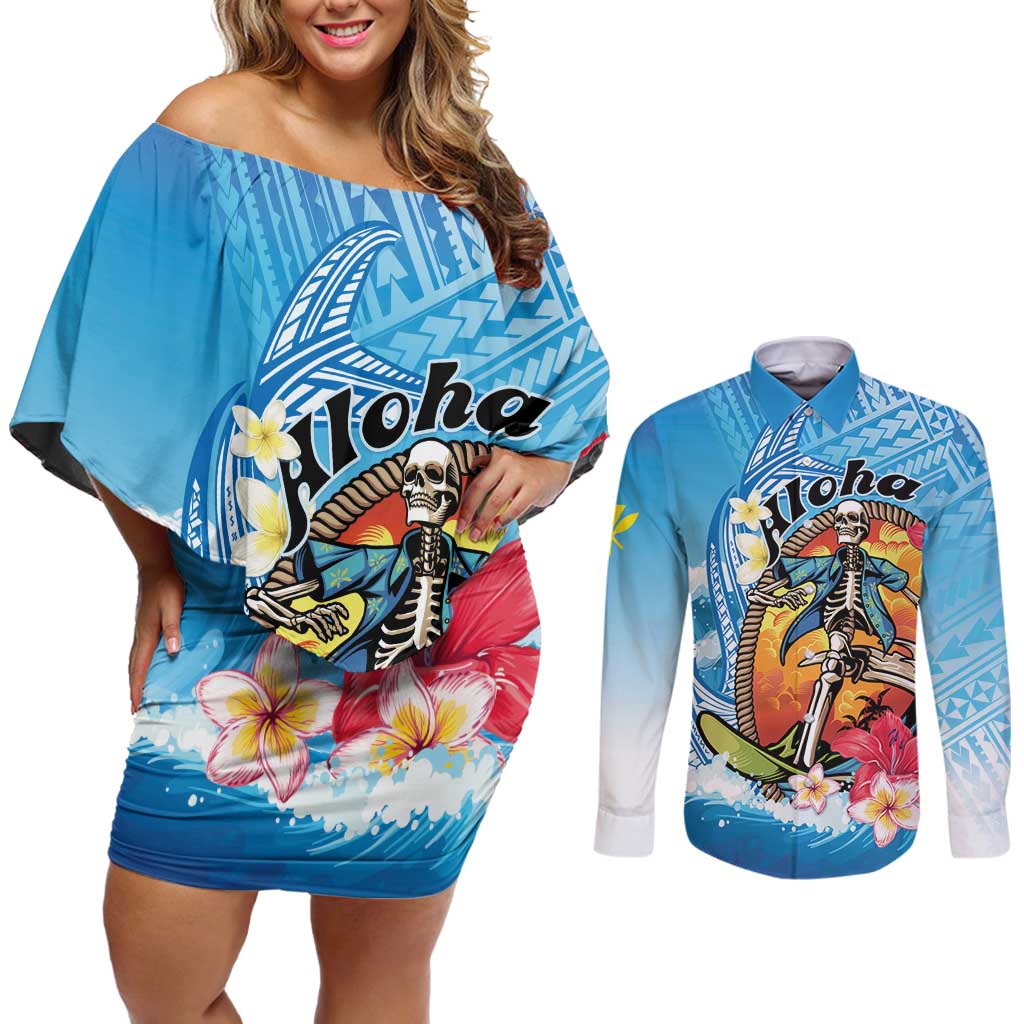 Personalized Aloha Hawaii Skeleton Surfing Couples Matching Off Shoulder Short Dress and Long Sleeve Button Shirt Tribal Shark Plumeria