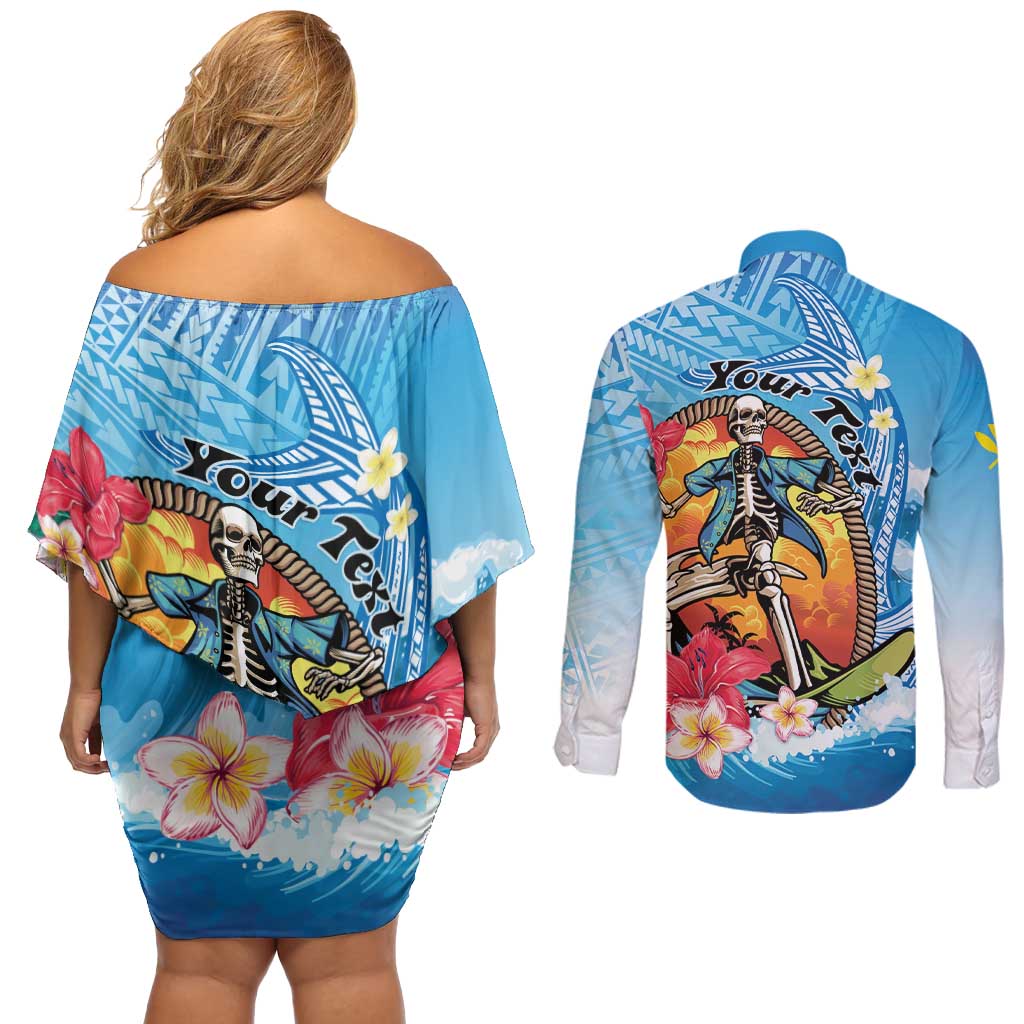 Personalized Aloha Hawaii Skeleton Surfing Couples Matching Off Shoulder Short Dress and Long Sleeve Button Shirt Tribal Shark Plumeria