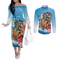 Personalized Aloha Hawaii Skeleton Surfing Couples Matching Off The Shoulder Long Sleeve Dress and Long Sleeve Button Shirt Tribal Shark Plumeria