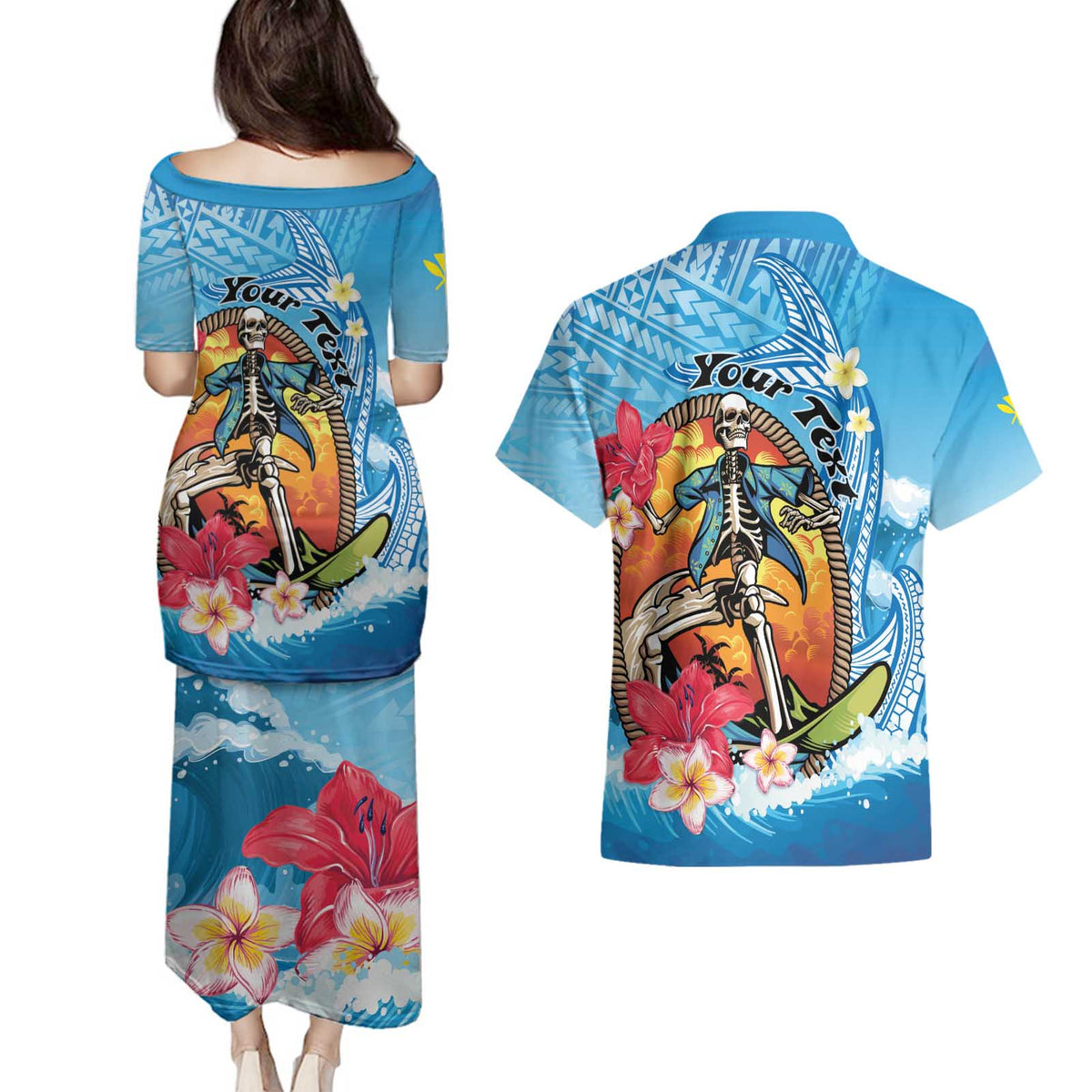 Personalized Aloha Hawaii Skeleton Surfing Couples Matching Puletasi and Hawaiian Shirt Tribal Shark Plumeria