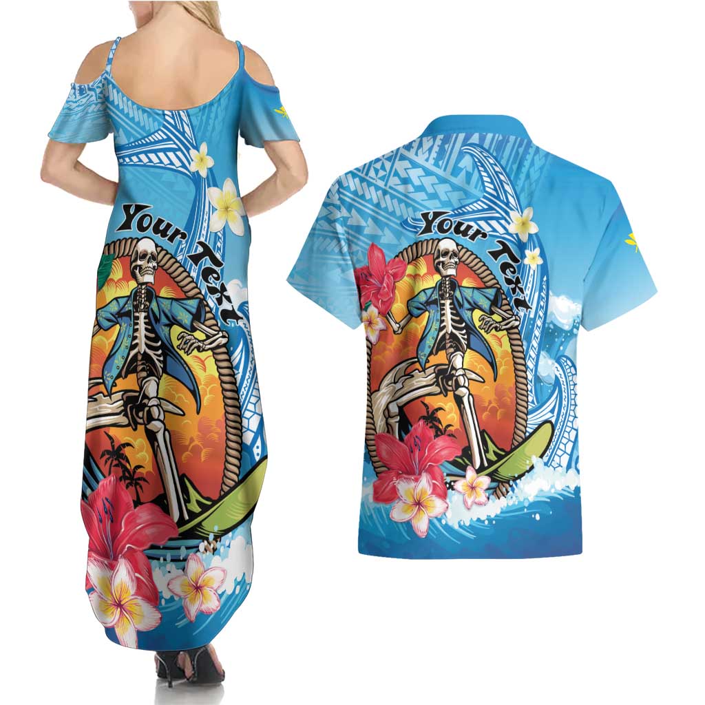 Personalized Aloha Hawaii Skeleton Surfing Couples Matching Summer Maxi Dress and Hawaiian Shirt Tribal Shark Plumeria