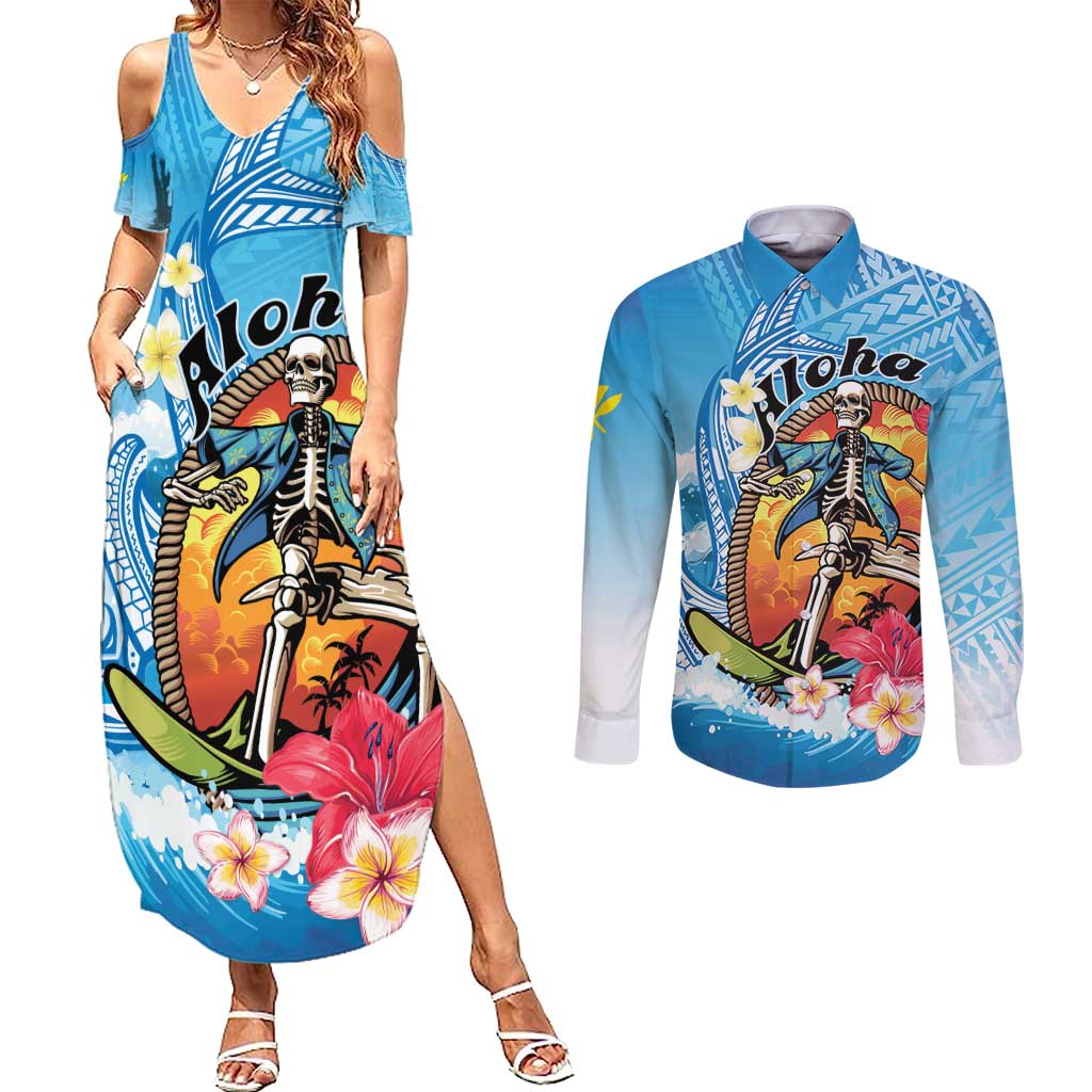 Personalized Aloha Hawaii Skeleton Surfing Couples Matching Summer Maxi Dress and Long Sleeve Button Shirt Tribal Shark Plumeria