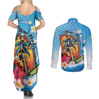 Personalized Aloha Hawaii Skeleton Surfing Couples Matching Summer Maxi Dress and Long Sleeve Button Shirt Tribal Shark Plumeria