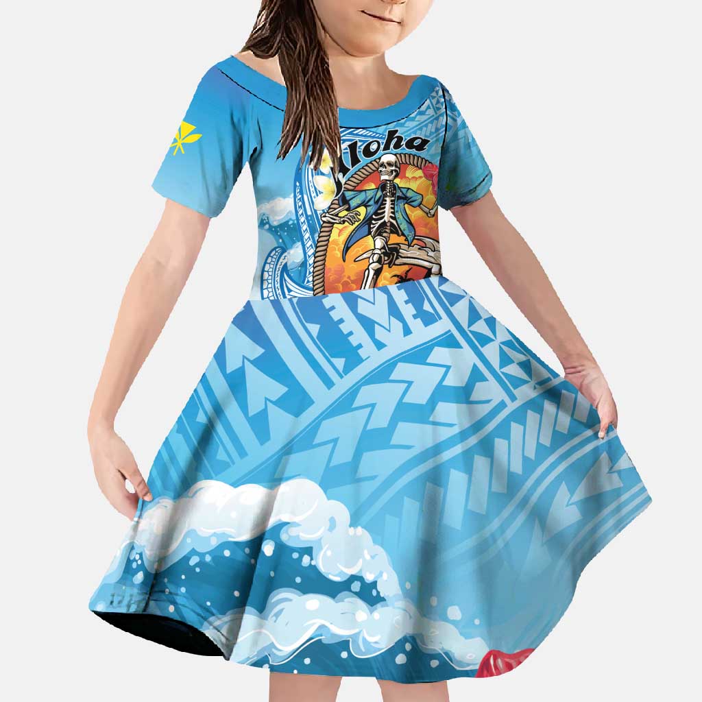 Personalized Aloha Hawaii Skeleton Surfing Family Matching Long Sleeve Bodycon Dress and Hawaiian Shirt Tribal Shark Plumeria LT01 Daughter's Dress Blue - Polynesian Pride