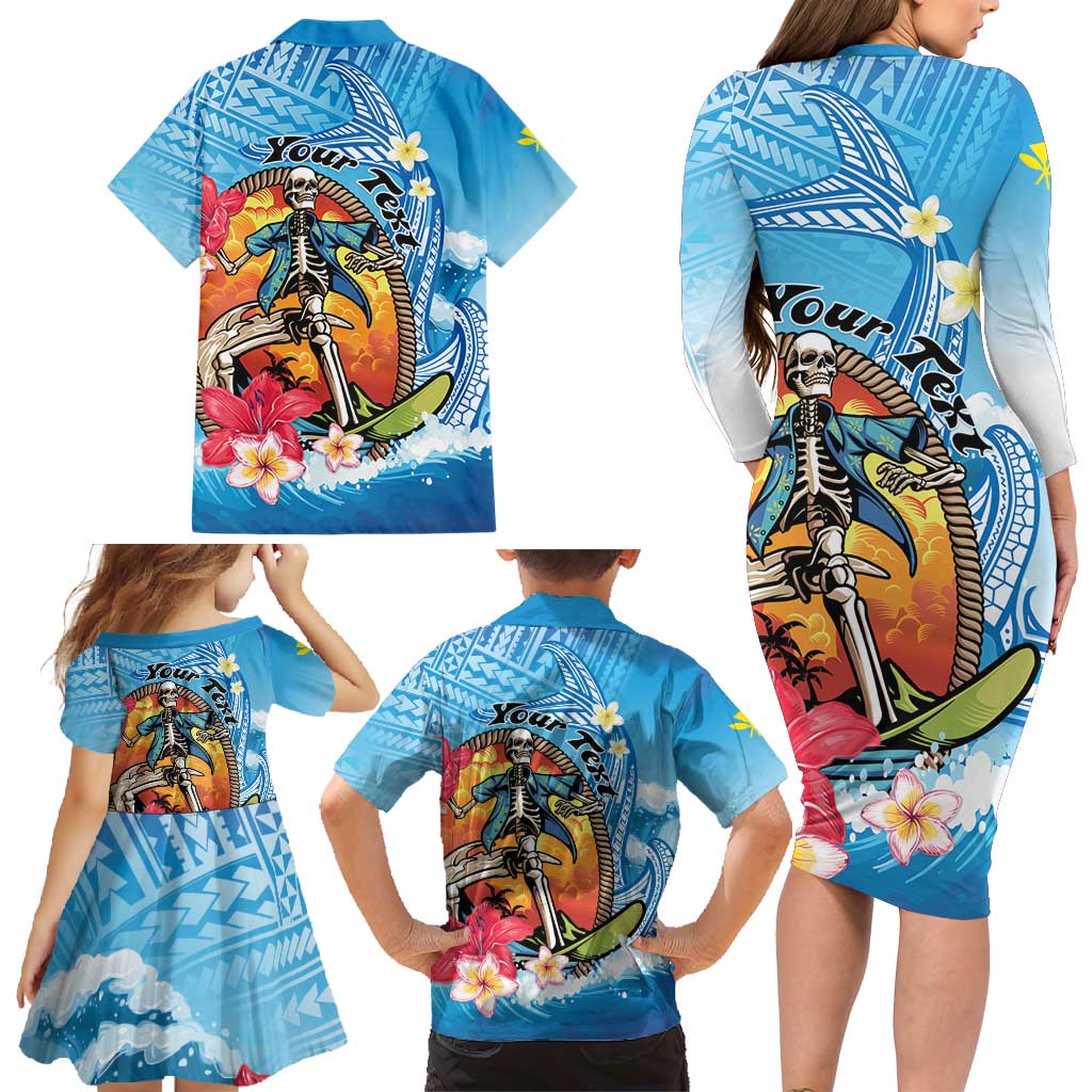 Personalized Aloha Hawaii Skeleton Surfing Family Matching Long Sleeve Bodycon Dress and Hawaiian Shirt Tribal Shark Plumeria LT01 - Polynesian Pride