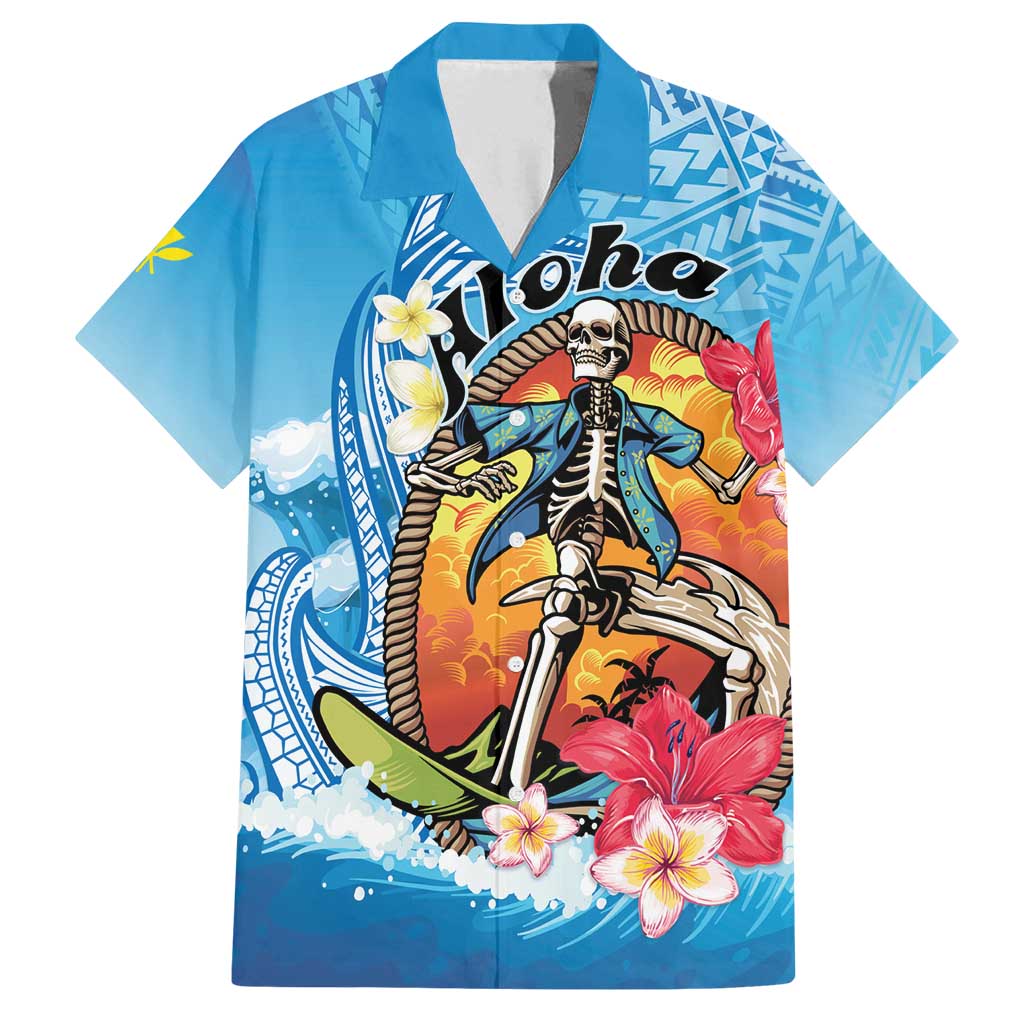 Personalized Aloha Hawaii Skeleton Surfing Family Matching Long Sleeve Bodycon Dress and Hawaiian Shirt Tribal Shark Plumeria LT01 Dad's Shirt - Short Sleeve Blue - Polynesian Pride