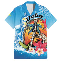 Personalized Aloha Hawaii Skeleton Surfing Family Matching Long Sleeve Bodycon Dress and Hawaiian Shirt Tribal Shark Plumeria LT01 Dad's Shirt - Short Sleeve Blue - Polynesian Pride