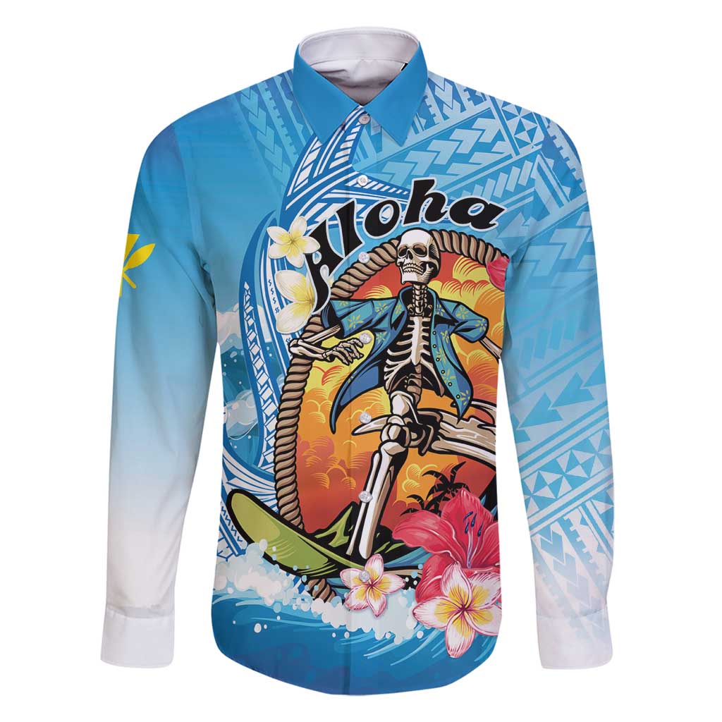 Personalized Aloha Hawaii Skeleton Surfing Family Matching Long Sleeve Bodycon Dress and Hawaiian Shirt Tribal Shark Plumeria LT01 Dad's Shirt - Long Sleeve Blue - Polynesian Pride