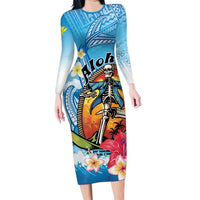 Personalized Aloha Hawaii Skeleton Surfing Family Matching Long Sleeve Bodycon Dress and Hawaiian Shirt Tribal Shark Plumeria LT01 Mom's Dress Blue - Polynesian Pride
