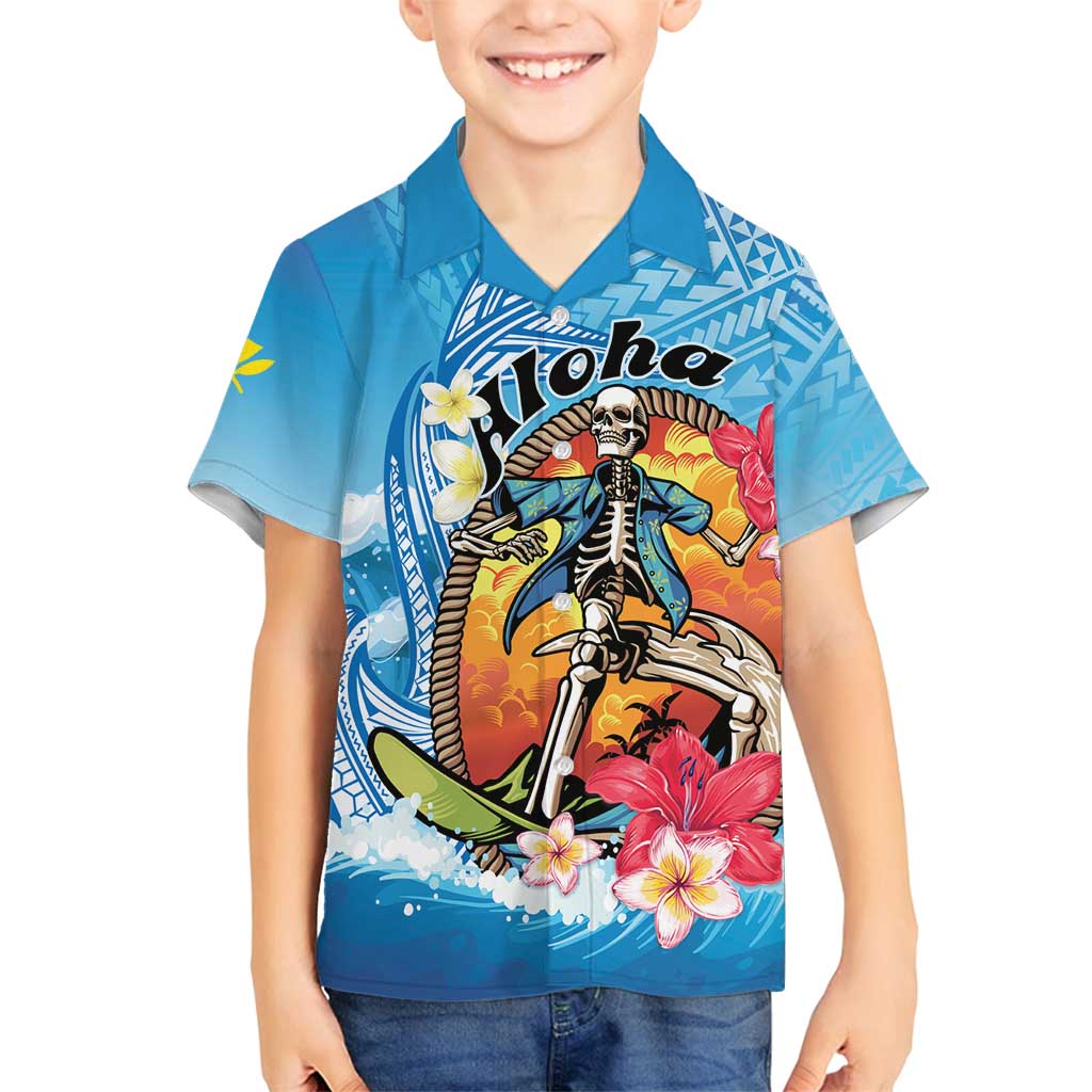 Personalized Aloha Hawaii Skeleton Surfing Family Matching Long Sleeve Bodycon Dress and Hawaiian Shirt Tribal Shark Plumeria LT01 Son's Shirt Blue - Polynesian Pride