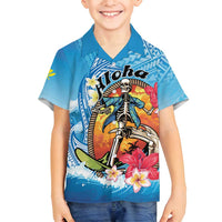 Personalized Aloha Hawaii Skeleton Surfing Family Matching Long Sleeve Bodycon Dress and Hawaiian Shirt Tribal Shark Plumeria LT01 Son's Shirt Blue - Polynesian Pride