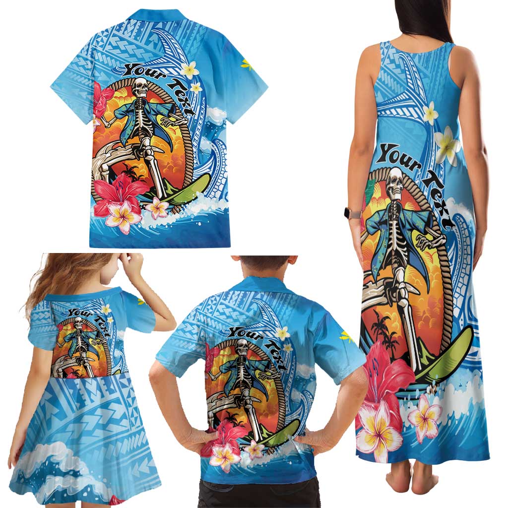 Personalized Aloha Hawaii Skeleton Surfing Family Matching Tank Maxi Dress and Hawaiian Shirt Tribal Shark Plumeria