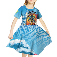 Personalized Aloha Hawaii Skeleton Surfing Kid Short Sleeve Dress Tribal Shark Plumeria
