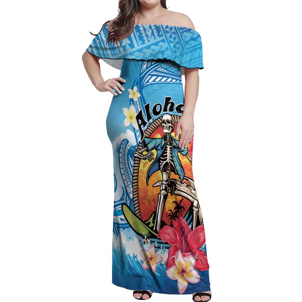 Personalized Aloha Hawaii Skeleton Surfing Off Shoulder Maxi Dress Tribal Shark Plumeria