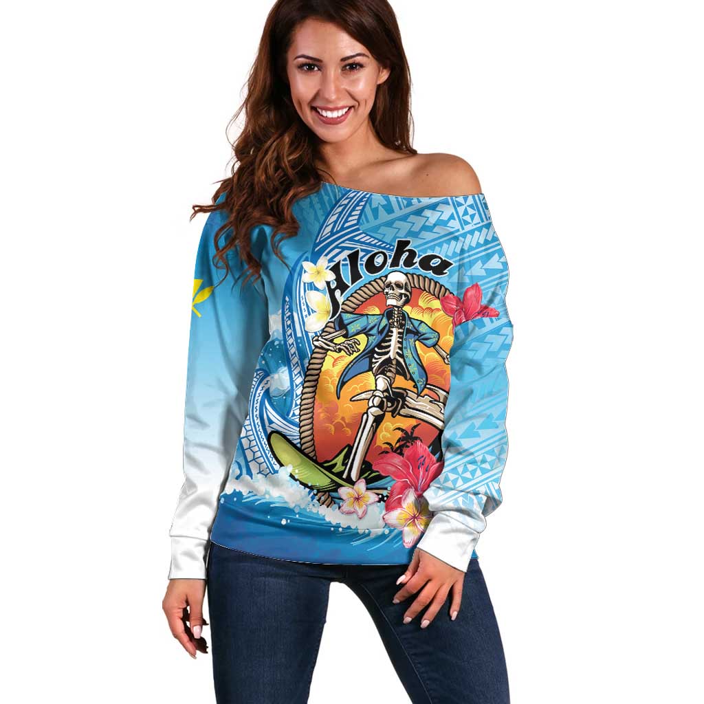 Personalized Aloha Hawaii Skeleton Surfing Off Shoulder Sweater Tribal Shark Plumeria