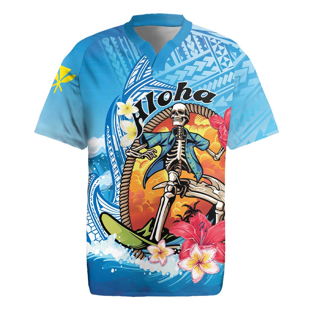 Personalized Aloha Hawaii Skeleton Surfing Rugby Jersey Tribal Shark Plumeria