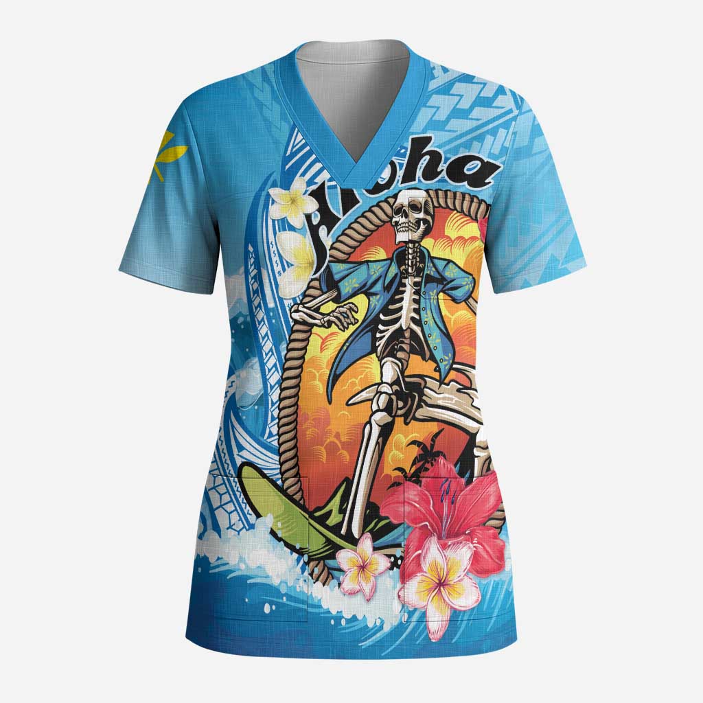Personalized Aloha Hawaii Skeleton Surfing Scrub Top Tribal Shark Plumeria - Polynesian Pride