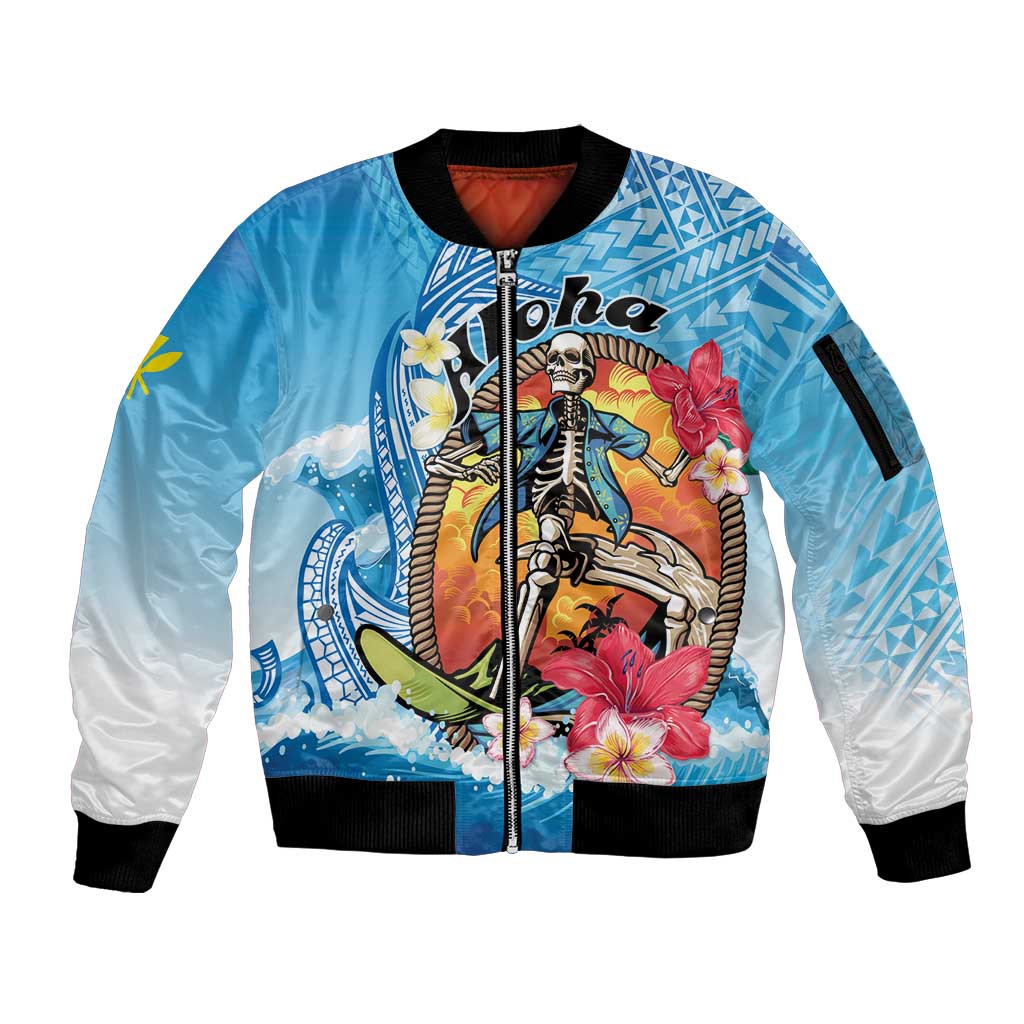 Personalized Aloha Hawaii Skeleton Surfing Sleeve Zip Bomber Jacket Tribal Shark Plumeria