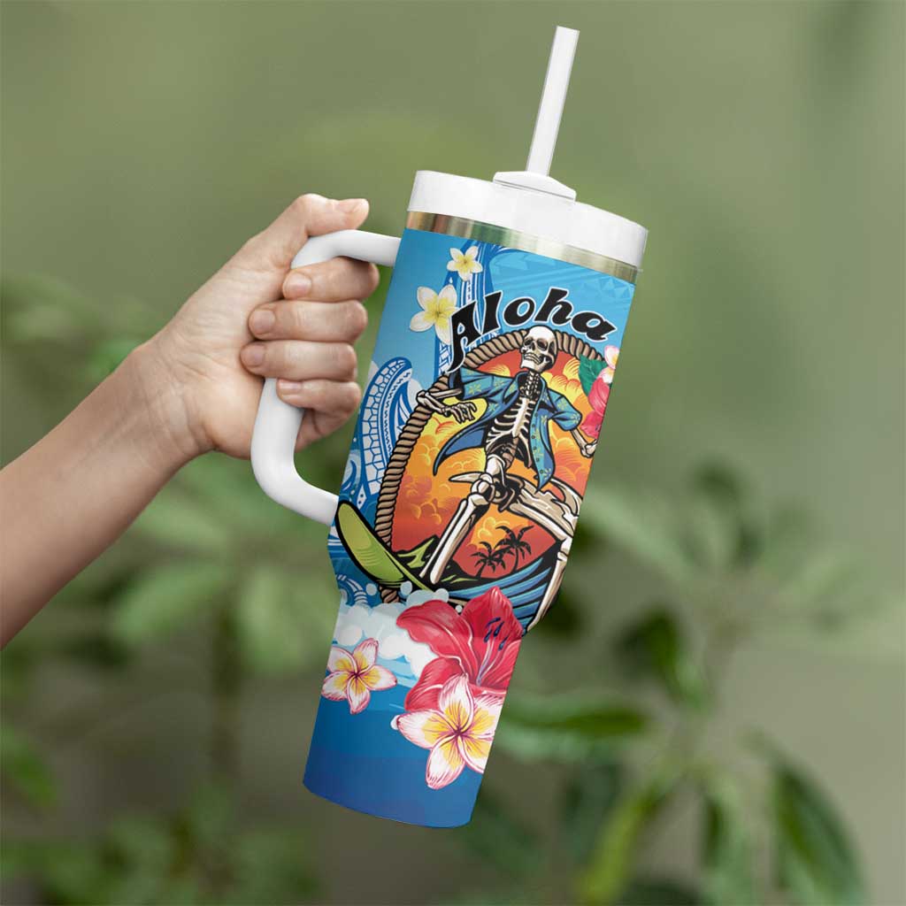 Personalized Aloha Hawaii Skeleton Surfing Tumbler With Handle Tribal Shark Plumeria