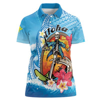Personalized Aloha Hawaii Skeleton Surfing Women Polo Shirt Tribal Shark Plumeria LT01 Female Blue - Polynesian Pride
