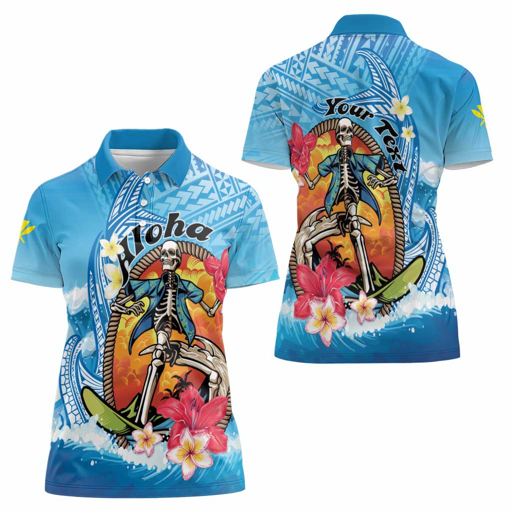 Personalized Aloha Hawaii Skeleton Surfing Women Polo Shirt Tribal Shark Plumeria LT01 - Polynesian Pride
