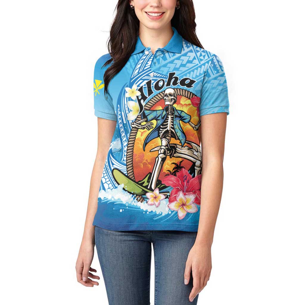 Personalized Aloha Hawaii Skeleton Surfing Women Polo Shirt Tribal Shark Plumeria LT01 - Polynesian Pride