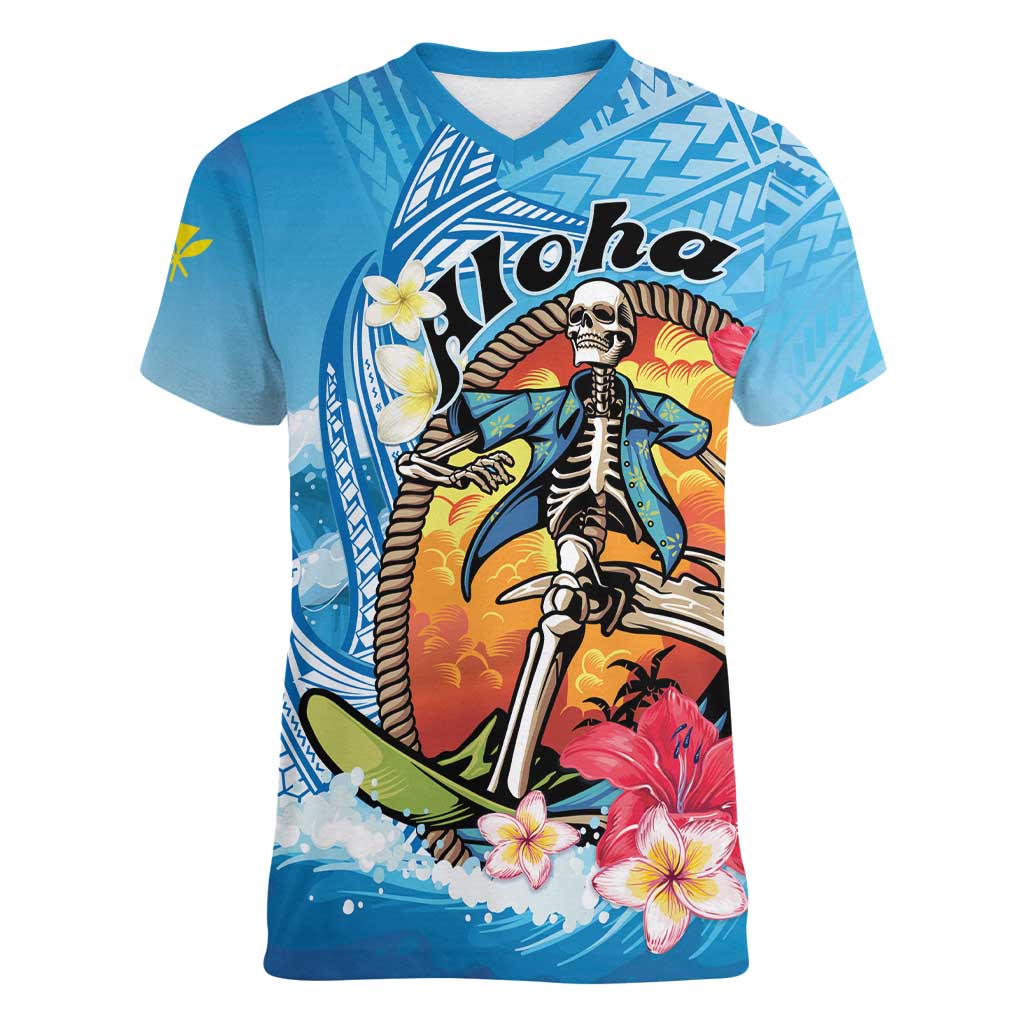 Personalized Aloha Hawaii Skeleton Surfing Women V-Neck T-Shirt Tribal Shark Plumeria