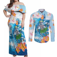Personalized Hawaii Hula Girl Skeleton Dancing Couples Matching Off Shoulder Maxi Dress and Long Sleeve Button Shirt Hibiscus Tribal Shark