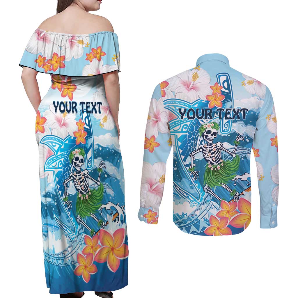 Personalized Hawaii Hula Girl Skeleton Dancing Couples Matching Off Shoulder Maxi Dress and Long Sleeve Button Shirt Hibiscus Tribal Shark