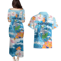Personalized Hawaii Hula Girl Skeleton Dancing Couples Matching Puletasi and Hawaiian Shirt Hibiscus Tribal Shark