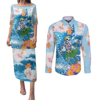 Personalized Hawaii Hula Girl Skeleton Dancing Couples Matching Puletasi and Long Sleeve Button Shirt Hibiscus Tribal Shark