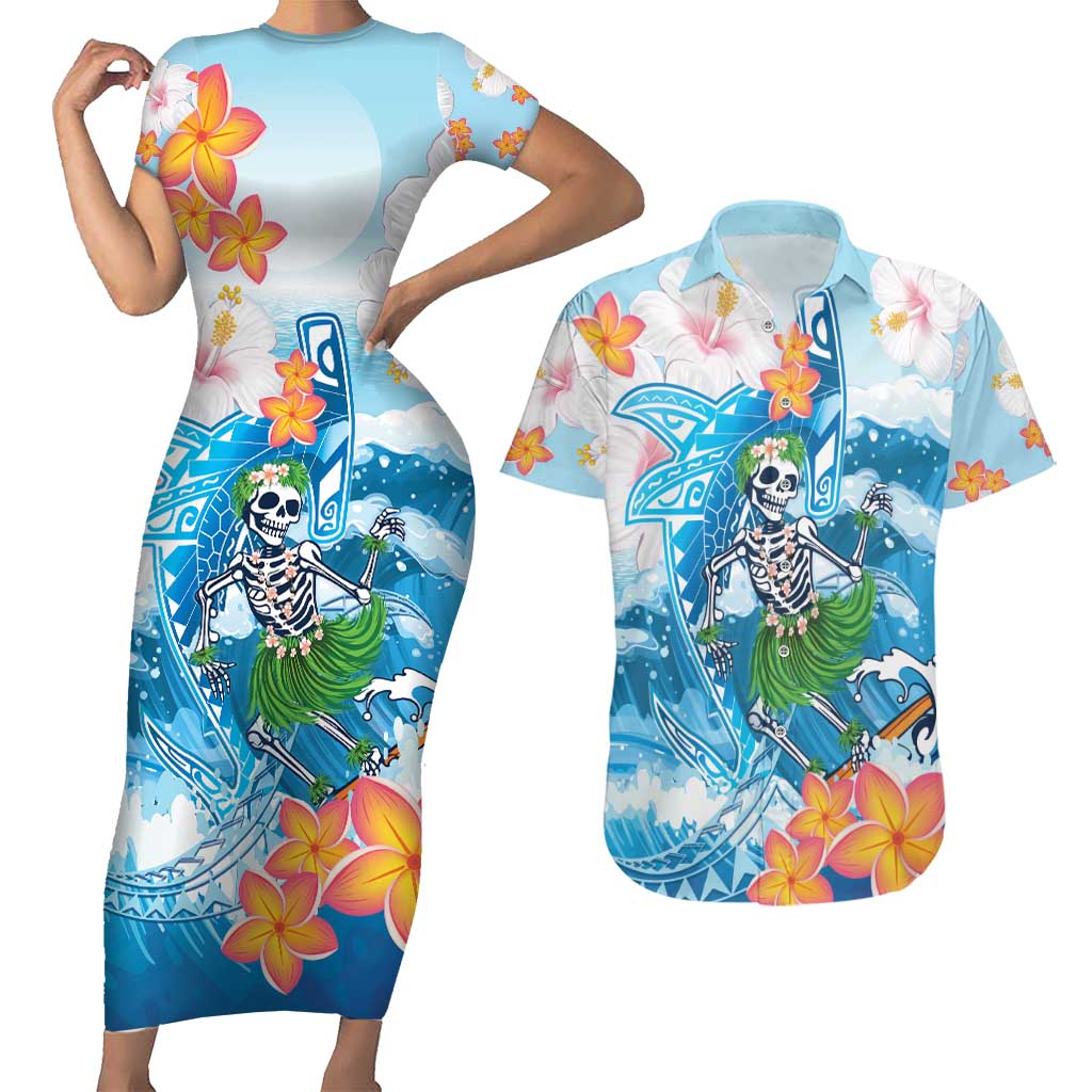 Personalized Hawaii Hula Girl Skeleton Dancing Couples Matching Short Sleeve Bodycon Dress and Hawaiian Shirt Hibiscus Tribal Shark