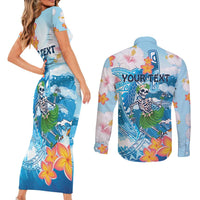 Personalized Hawaii Hula Girl Skeleton Dancing Couples Matching Short Sleeve Bodycon Dress and Long Sleeve Button Shirt Hibiscus Tribal Shark