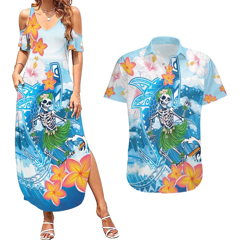 Personalized Hawaii Hula Girl Skeleton Dancing Couples Matching Summer Maxi Dress and Hawaiian Shirt Hibiscus Tribal Shark