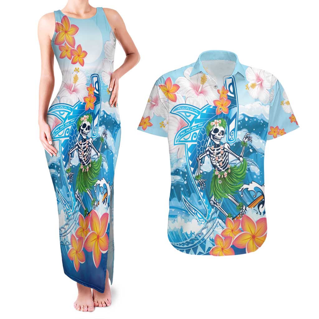 Personalized Hawaii Hula Girl Skeleton Dancing Couples Matching Tank Maxi Dress and Hawaiian Shirt Hibiscus Tribal Shark