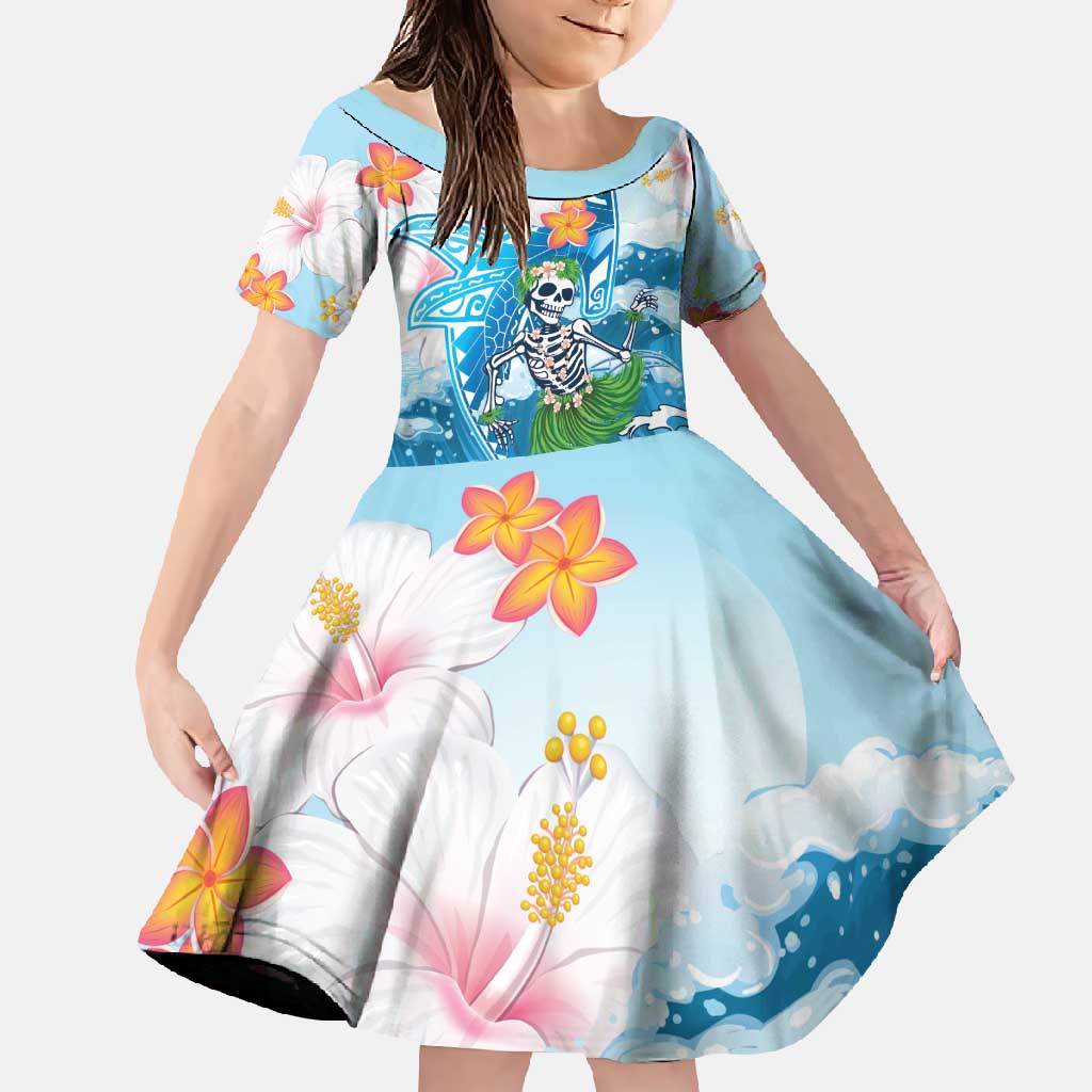 Personalized Hawaii Hula Girl Skeleton Dancing Family Matching Long Sleeve Bodycon Dress and Hawaiian Shirt Hibiscus Tribal Shark LT01 Daughter's Dress Blue - Polynesian Pride