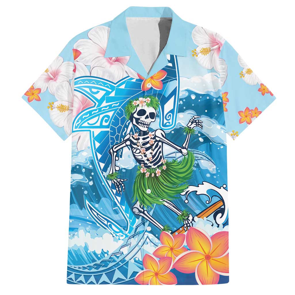 Personalized Hawaii Hula Girl Skeleton Dancing Family Matching Long Sleeve Bodycon Dress and Hawaiian Shirt Hibiscus Tribal Shark LT01 Dad's Shirt - Short Sleeve Blue - Polynesian Pride