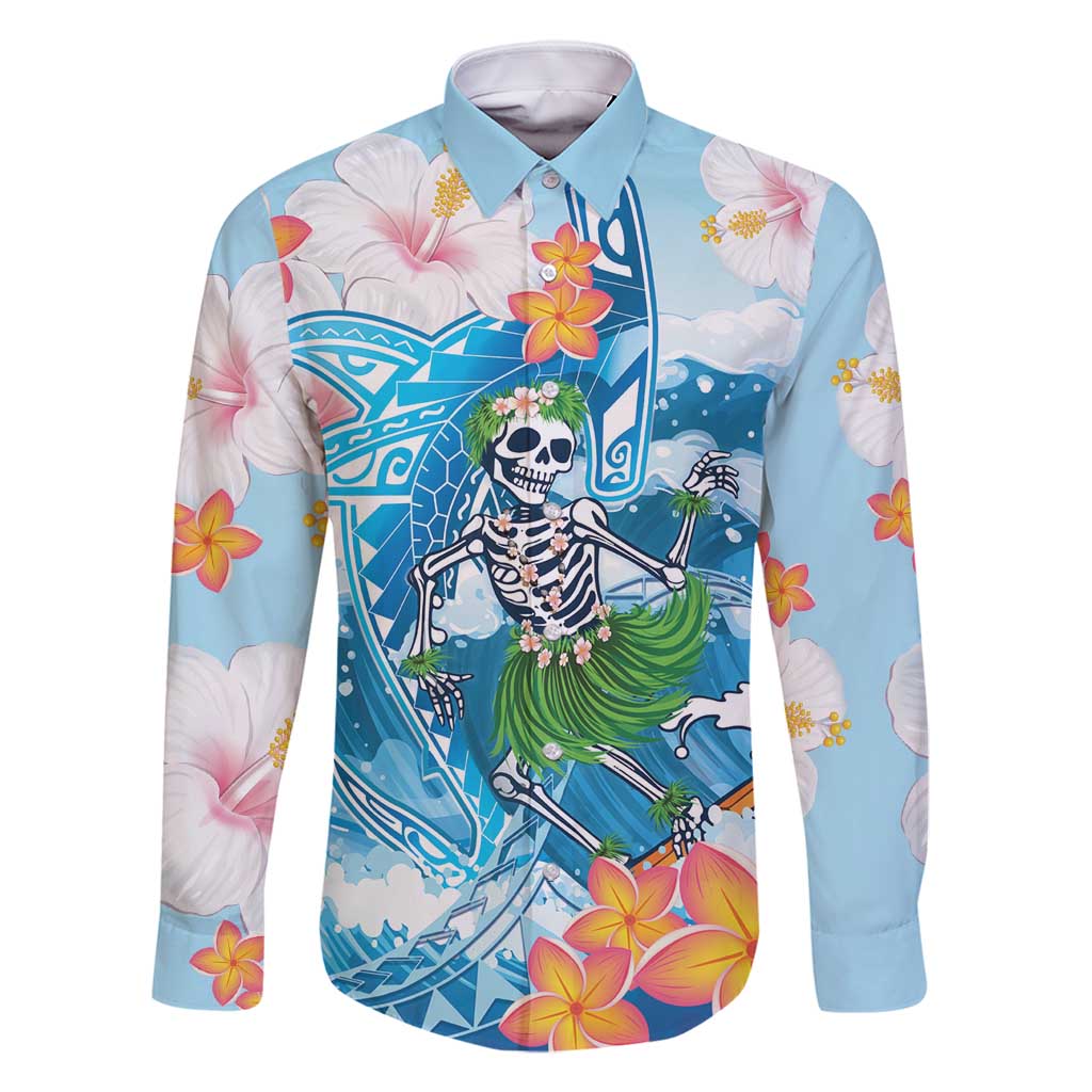 Personalized Hawaii Hula Girl Skeleton Dancing Family Matching Long Sleeve Bodycon Dress and Hawaiian Shirt Hibiscus Tribal Shark LT01 Dad's Shirt - Long Sleeve Blue - Polynesian Pride