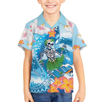 Personalized Hawaii Hula Girl Skeleton Dancing Family Matching Long Sleeve Bodycon Dress and Hawaiian Shirt Hibiscus Tribal Shark LT01 Son's Shirt Blue - Polynesian Pride