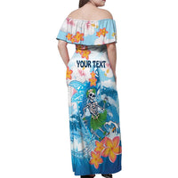 Personalized Hawaii Hula Girl Skeleton Dancing Family Matching Off Shoulder Maxi Dress and Hawaiian Shirt Hibiscus Tribal Shark