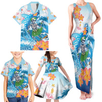 Personalized Hawaii Hula Girl Skeleton Dancing Family Matching Tank Maxi Dress and Hawaiian Shirt Hibiscus Tribal Shark