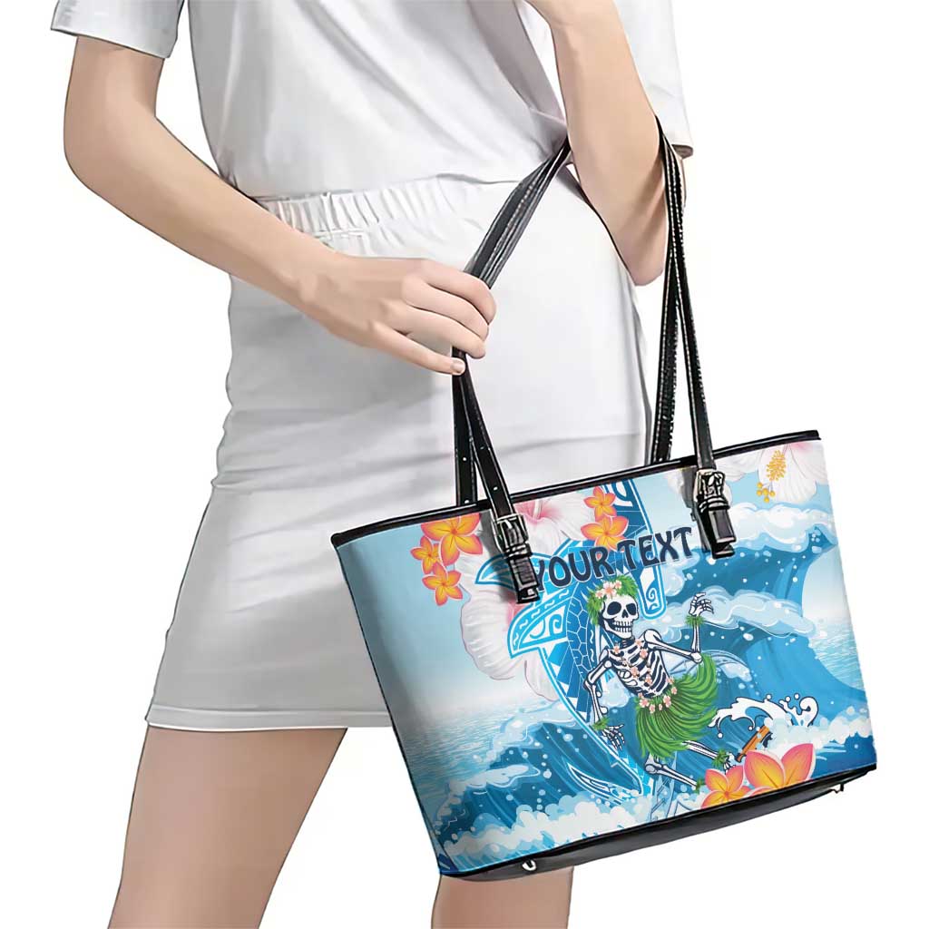 Personalized Hawaii Hula Girl Skeleton Dancing Leather Tote Bag Hibiscus Tribal Shark