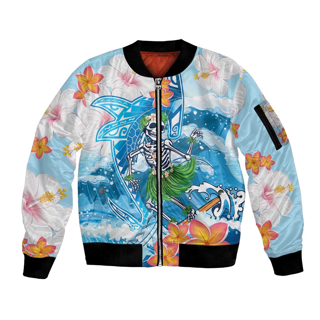 Personalized Hawaii Hula Girl Skeleton Dancing Sleeve Zip Bomber Jacket Hibiscus Tribal Shark